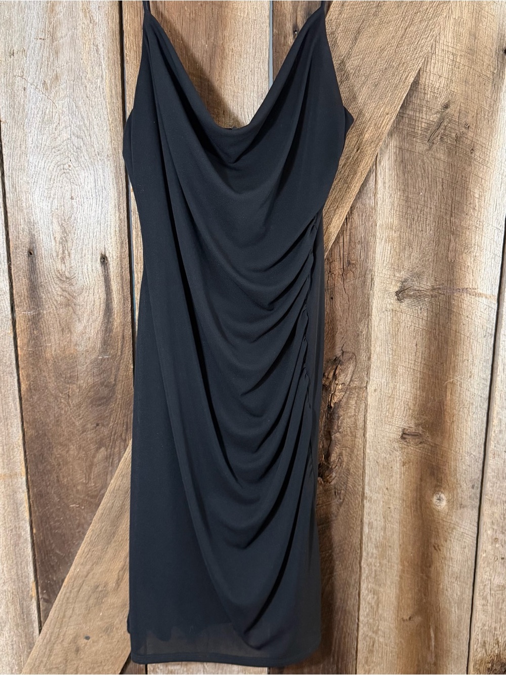David Meister Vintage Black Drape Neck Slip Dress Midi Sleeveless Size 12